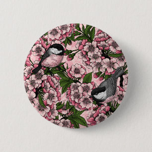 Badge Rond 5 Cm Fleur de cerisiers et poulets roses