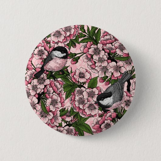 Badge Rond 5 Cm Fleur de cerisiers et poulets roses (Devant)