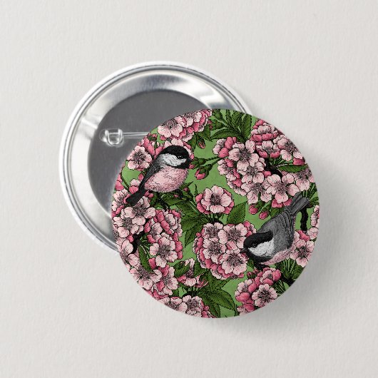 Badge Rond 5 Cm Fleur de cerisiers et poulets verts (Devant & derrière)