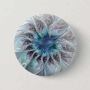 Badge Rond 5 Cm Fleur de fractale moderne abstraite avec du bleu