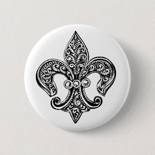 Badge Rond 5 Cm Fleur de lis en dentelle noir et blanc vintage