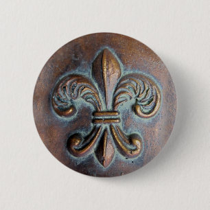 Badge Rond 5 Cm Fleur De Lis, Revêtement De Cuivre Âgé Imprimé