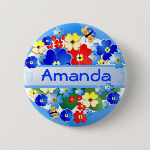 Badge Rond 5 Cm Fleur et papillons ~ Bouton Nom