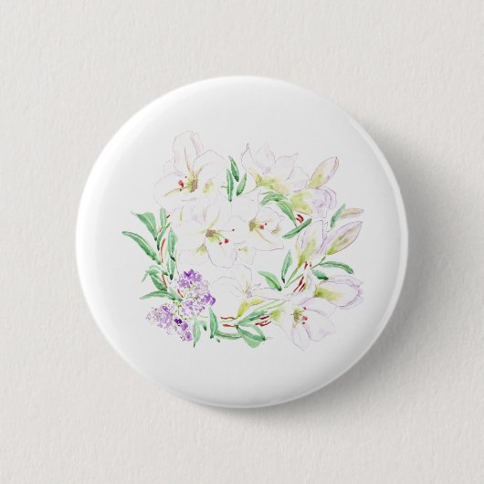 Badge Rond 5 Cm fleurs blanches de lys couronnes aquarelle peintur (Devant)
