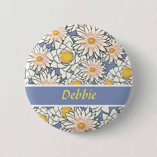 Badge Rond 5 Cm Fleurs blanches en bleu (Devant)