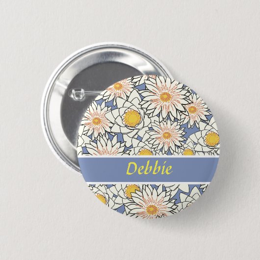 Badge Rond 5 Cm Fleurs blanches en bleu (Devant & derrière)