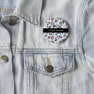 Badge Rond 5 Cm Fleurs Colorées, Fond Bleu, Noir