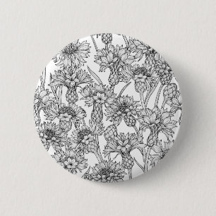 Badge Rond 5 Cm Fleurs de Cornflowers, fleurs sauvages en noir et 