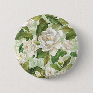 Badge Rond 5 Cm Fleurs de Gardénia Blancs