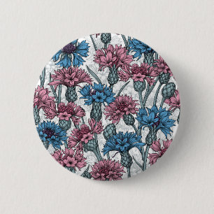 Badge Rond 5 Cm Fleurs de maïs roses et bleues, fleurs sauvages su