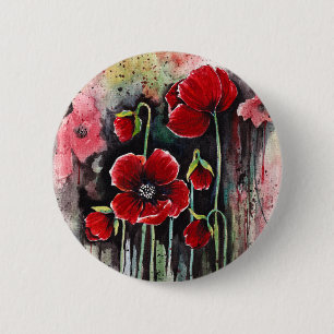 Badge Rond 5 Cm Fleurs De Pavot En Aquarelle
