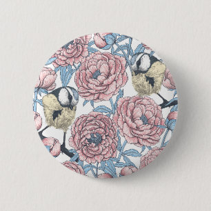 Badge Rond 5 Cm Fleurs de pivoines et oiseaux