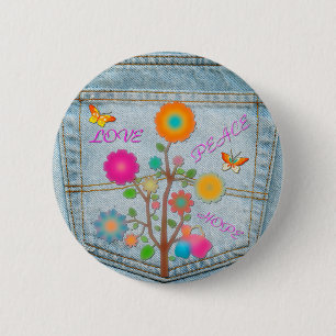 Badge Rond 5 Cm Fleurs de poche arrière en denim Paix Amour Espoir