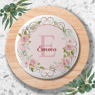 Badge Rond 5 Cm Fleurs de rose rose poudré en aquarelle à monogram