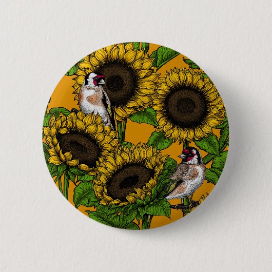Badge Rond 5 Cm Fleurs de soleil et ailerons d'or sur orange (Devant)