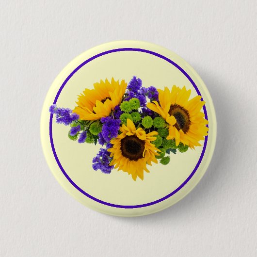 Badge Rond 5 Cm Fleurs de soleil et Statice bleue (Devant)