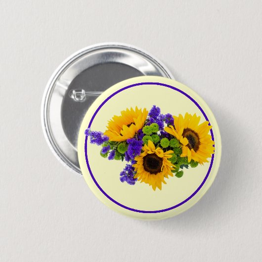 Badge Rond 5 Cm Fleurs de soleil et Statice bleue (Devant & derrière)