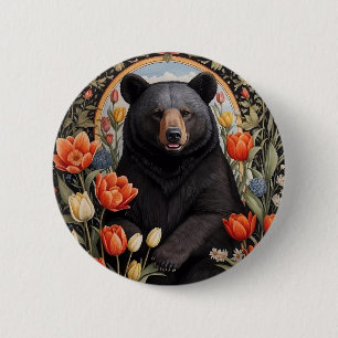 Badge Rond 5 Cm Fleurs de tulipes colorées à l'ours noir