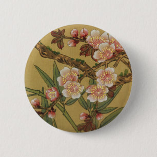 Badge Rond 5 Cm Fleurs Japonaises Asiatiques Fleur de Cerisier Vin