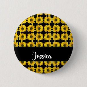 Badge Rond 5 Cm Fleurs jaunes sur le noir