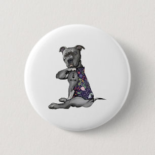 Badge Rond 5 Cm Fleurs Pitbull - I Love Maman Hippie Chien Pitbull
