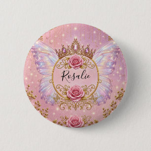 Badge Rond 5 Cm Fleurs roses et dorées de fée princesse papillon
