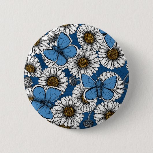 Badge Rond 5 Cm Fleurs sauvages blanches et papillons bleus (Devant)
