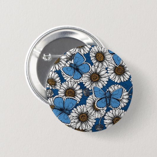 Badge Rond 5 Cm Fleurs sauvages blanches et papillons bleus (Devant & derrière)