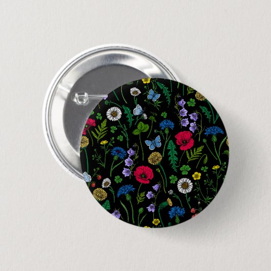 Badge Rond 5 Cm Fleurs sauvages en noir (Devant & derrière)