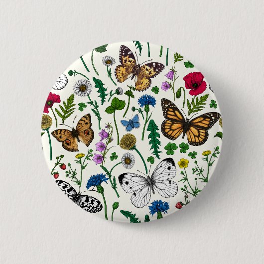 Badge Rond 5 Cm Fleurs sauvages et papillons sur blanc (Devant)