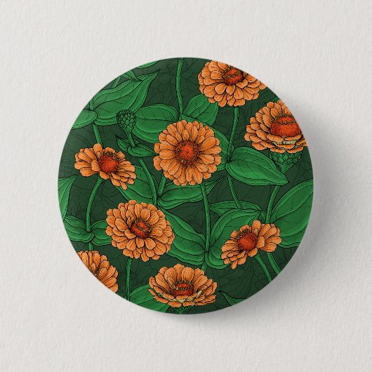 Badge Rond 5 Cm Fleurs Zinnia orange, feuilles verts sur vert fonc (Devant)