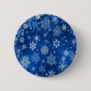 Badge Rond 5 Cm Flocons de Noël Bleu et Argent