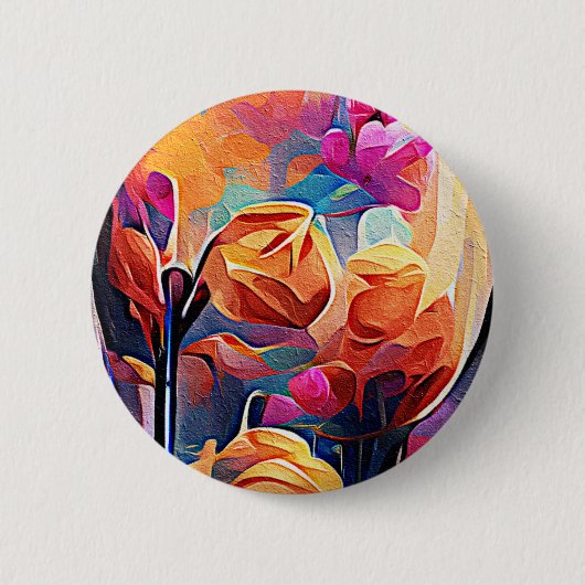 Badge Rond 5 Cm Floral Abstract Art Orange Red Blue Flowers (Devant)