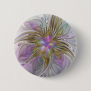 Badge Rond 5 Cm Floral Coloré Abstrait Fractal Avec Rose & Or