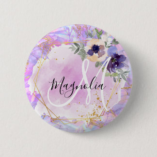 Badge Rond 5 Cm Floral violet, rose et or Marbre arc-en-ciel Monog