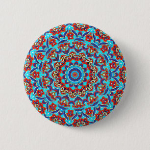 Badge Rond 5 Cm Flore Turquoise bleu Mandala Boho