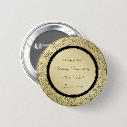 Badge Rond 5 Cm Florish Gold Black 50e anniversaire Mariage (Devant & derrière)