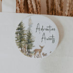 Badge Rond 5 Cm Forêt Bois Animaux Aventure Attend<br><div class="desc">Présentant notre aventure d'animaux de bois de forêt attend le bouton - parfait pour une célébration mignonne et fantasque! Doté d'un thème moderne de forêt aquarelle avec d'adorables créatures comme le renard, l'ours brun, le lapin et le cerf, il est parfait pour une douche sans rapport avec le genre. Ce...</div>