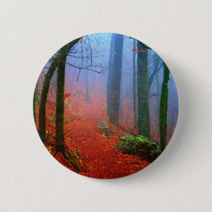Badge Rond 5 Cm Forêt peinte Automne Brouillard bleu