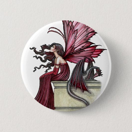 Badge Rond 5 Cm Fougueuse Ruby Gothique Rouge Fée et Dragon (Devant)
