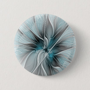 Badge Rond 5 Cm Fractal Floral Moderne Abstrait Fleur Bleu Gris