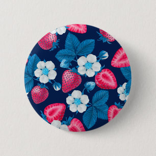 Badge Rond 5 Cm Fraises roses sur bleu