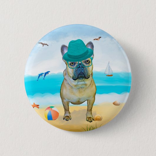 Badge Rond 5 Cm French Bulldog sur la plage (Devant)