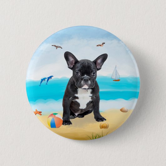 Badge Rond 5 Cm French Bulldog sur la plage (Devant)