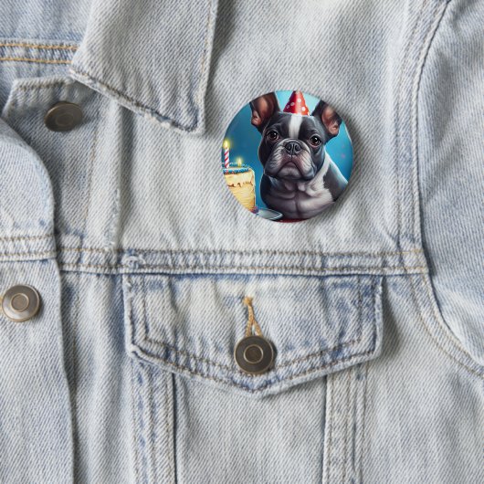 Badge Rond 5 Cm Frenchie Birthday Bash : Un mignon Bulldog françai (En situation)