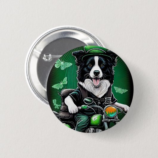 Badge Rond 5 Cm Frontière Collie Chien Conduite Vélo St. Patrick's (Devant & derrière)
