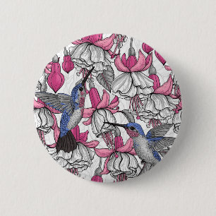 Badge Rond 5 Cm Fuchsia et colibris blancs
