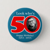 Badge Rond 5 Cm Fun 50e rouge & bleu ajoutez votre propre photo et (Devant)