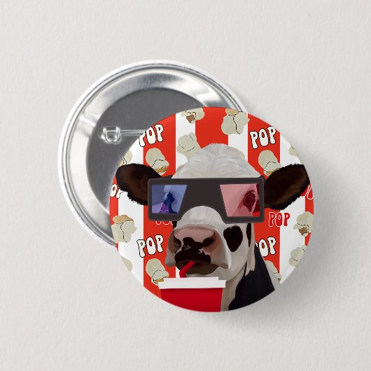Badge Rond 5 Cm Fun Retro Popcorn Whimsical Cow - Red Stripes (Devant & derrière)