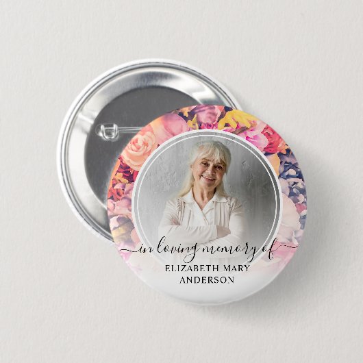 Badge Rond 5 Cm Funérailles Dans La Mémoire Amoureuse Photo Floral (Devant & derrière)